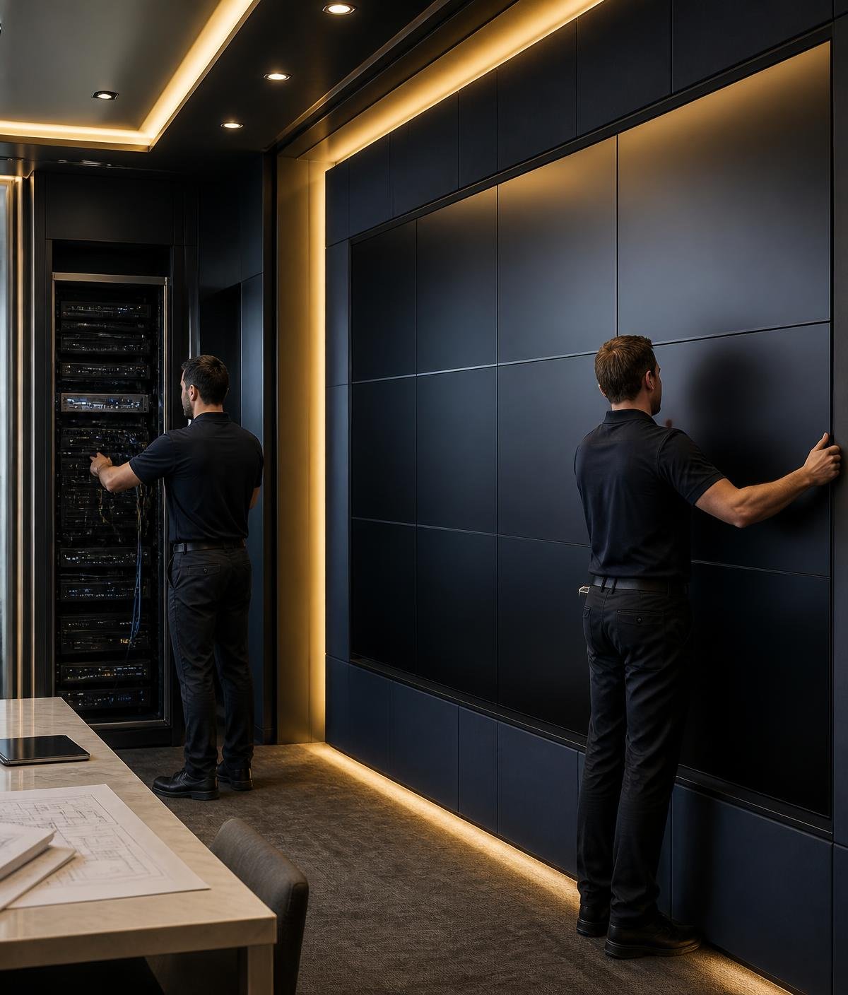 Ascend Tech Solutions engineers commissioning a video wall and network rack
